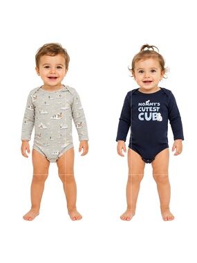 Pack of 2 Long-Sleeve Baby Bodysuits in Navy and Light Gray